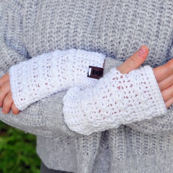 Handmade White Sparkle Fingerless Gloves Made in Canada - Picture 1 of 3